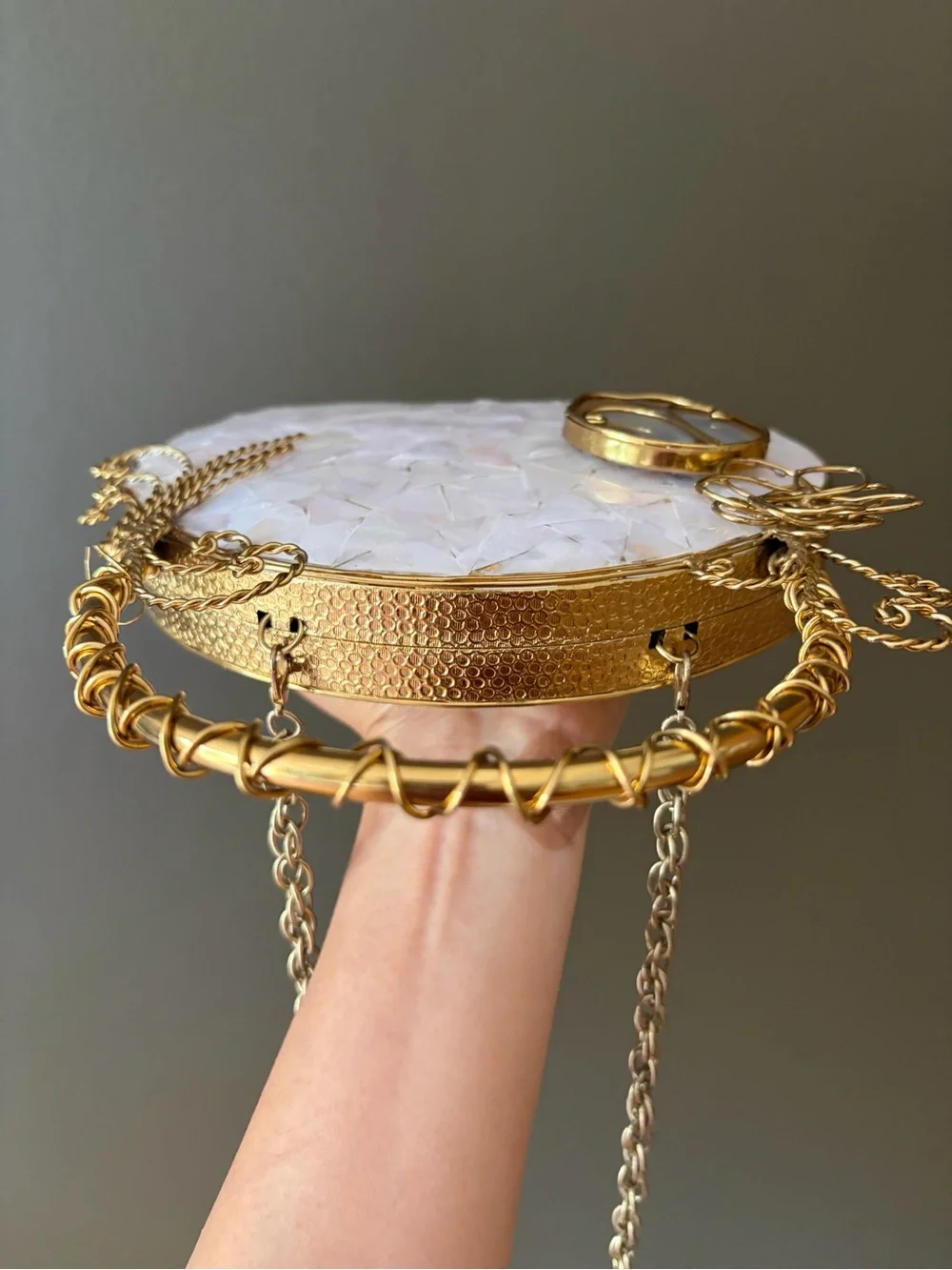 Handcrafted Iridescent Shell Circle Top-Handle Bag in White and Gold